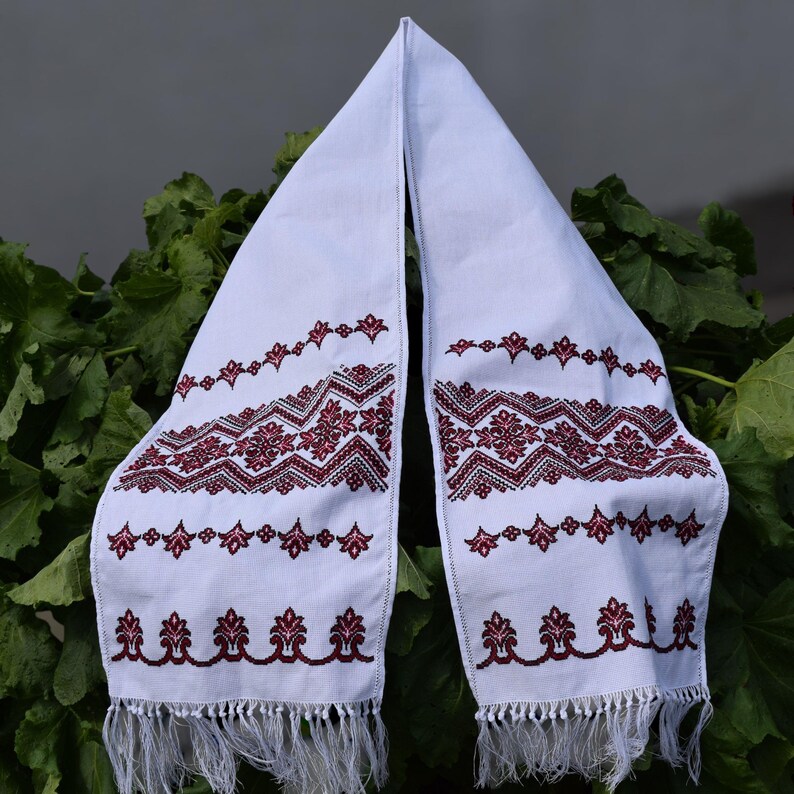 Ukrainian embroidered ritual towel with red black geometric cross stitch, Handmade rushnyk for wedding or traditional home decor