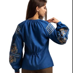 Blue Linen Embroidered Blouse for Women with Traditional Folk Pattern – Handmade Ethnic Shirt with Long Sleeves and Elegant Ukrainian Style