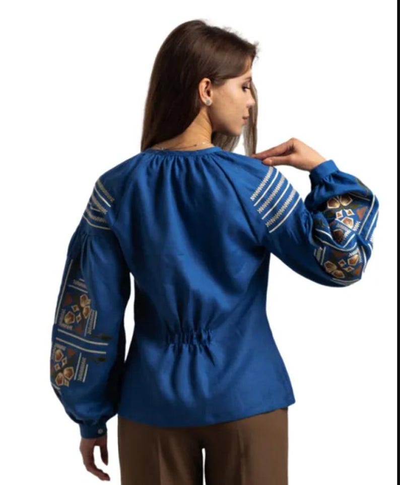 Blue Linen Embroidered Blouse for Women with Traditional Folk Pattern – Handmade Ethnic Shirt with Long Sleeves and Elegant Ukrainian Style