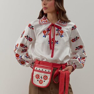 Embroidered Ukrainian linen blouse for women with red tie collar and floral sleeves, Yavoriv folk motifs, Peasant shirt