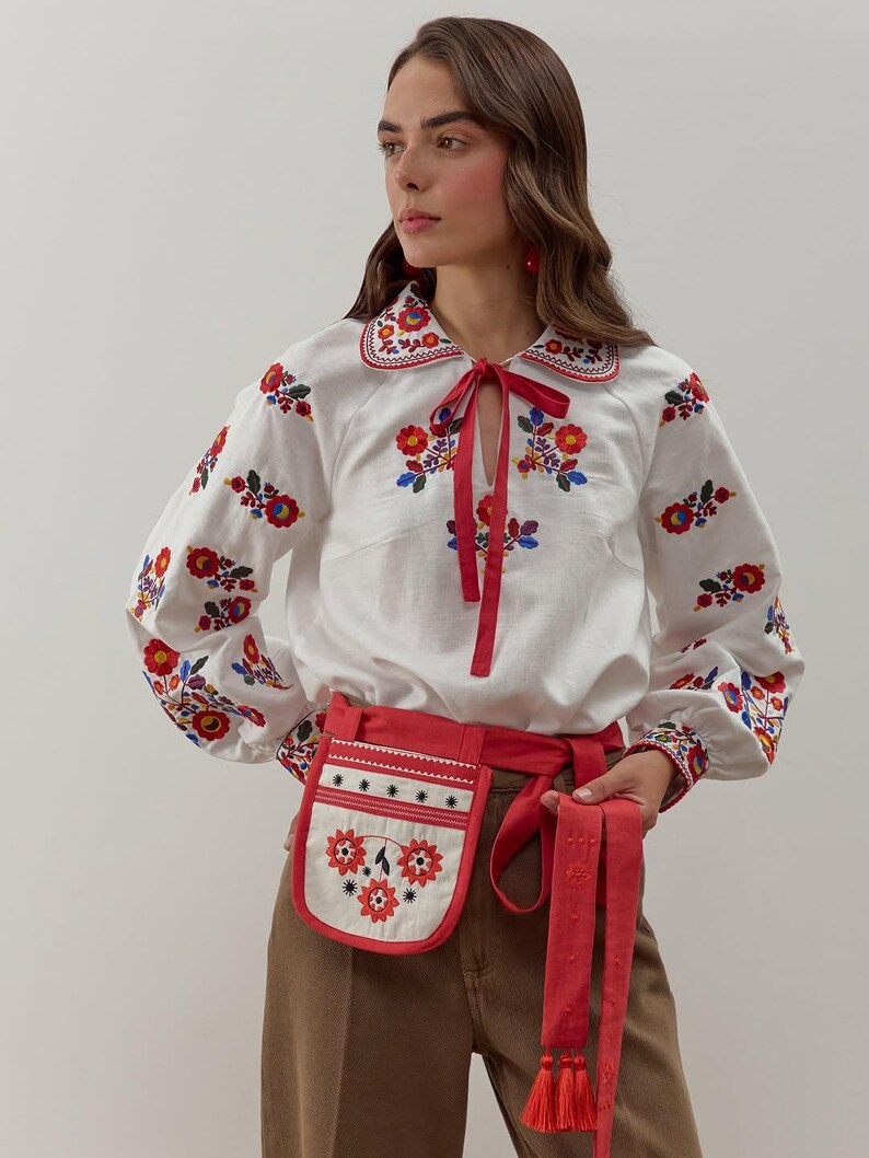 Embroidered Ukrainian linen blouse for women with red tie collar and floral sleeves, Yavoriv folk motifs, Peasant shirt