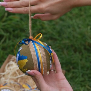 Ukrainian embroidered ornament set of 3, Blue yellow fabric ball baubles with jute hanger, Rustic gift box, Patriotic holiday decor