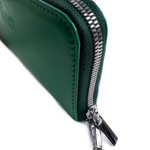 Green Leather Zip Around Wallet with Wristlet Strap for Women