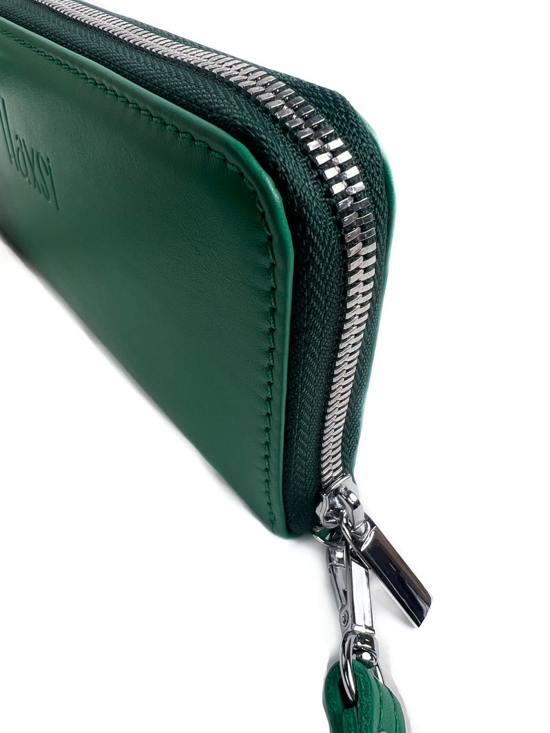 Green Leather Zip Around Wallet with Wristlet Strap for Women