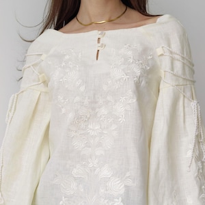Ivory linen blouse with puffy sleeves and intricate white embroidery, Boho chic vyshyvanka shirt for casual or festive wear