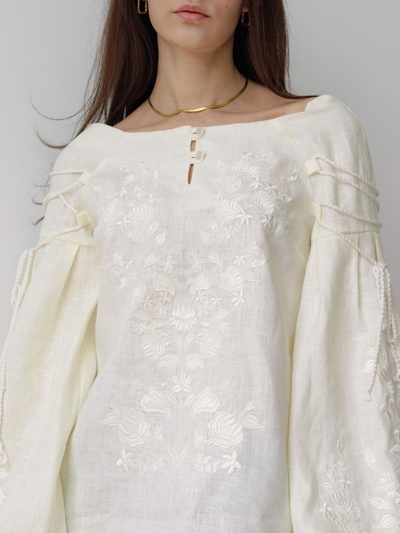 Embroidered Linen Blouse with Puff Sleeves, White Floral Linen Top, Handmade Boho Folk Shirt