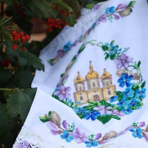 Finished Beaded Easter Towel with Church, Ukrainian Religious Embroidery, Handmade Bead Embroidery Cloth, Christian Easter Decor