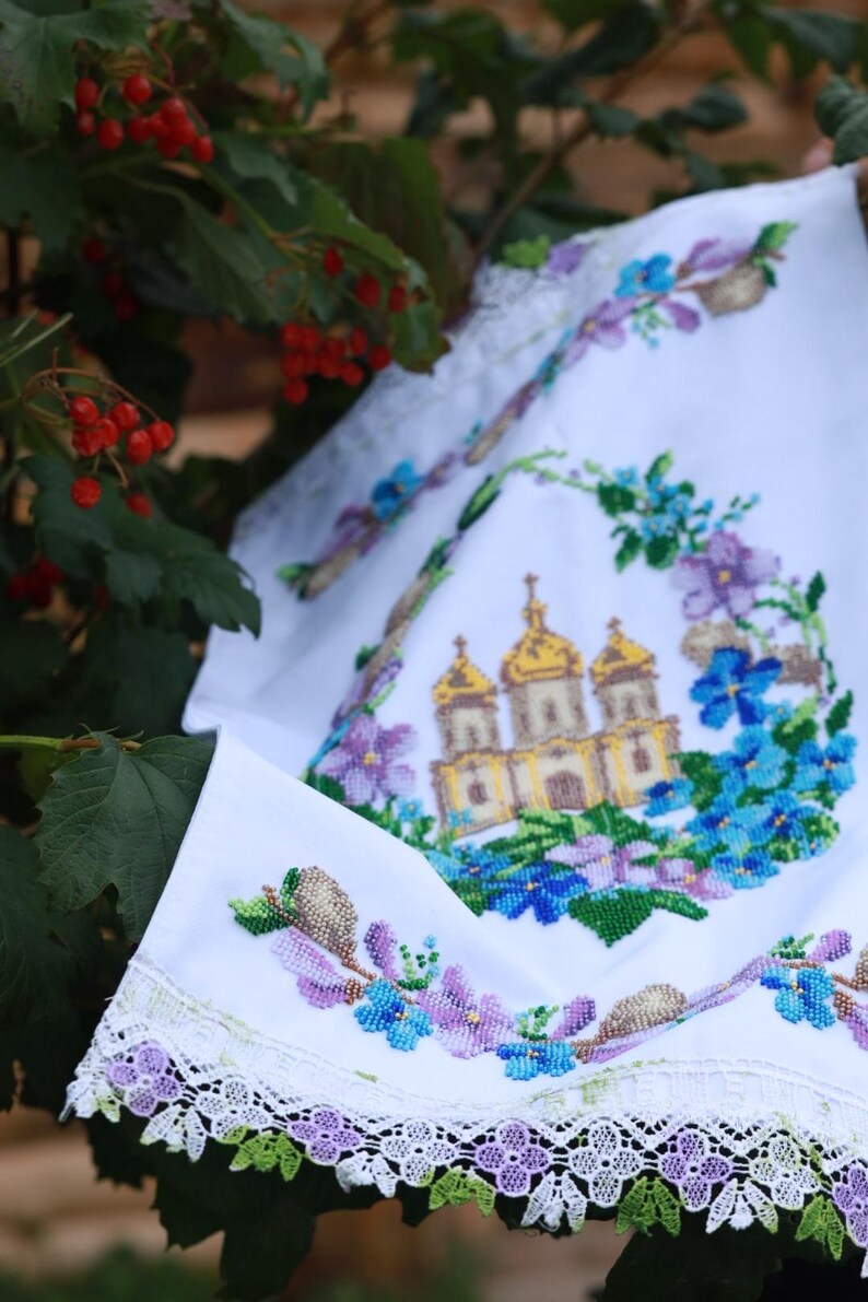 Finished Beaded Easter Towel with Church, Ukrainian Religious Embroidery, Handmade Bead Embroidery Cloth, Christian Easter Decor