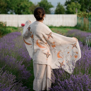Ivory Linen Embroidered Scarf with Autumn Leaves – Lightweight Floral Shawl Wrap for Women, Modest Head Covering for Prayer or Fall