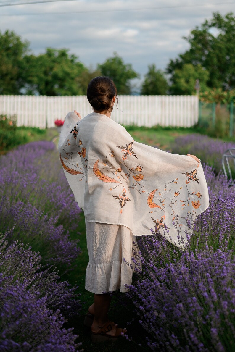 Ivory Linen Embroidered Scarf with Autumn Leaves – Lightweight Floral Shawl Wrap for Women, Modest Head Covering for Prayer or Fall