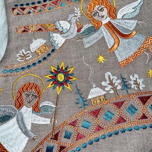 Embroidered Christmas stocking with angels folk nativity design, Fabric holiday stocking with traditional pattern, Festive home decor
