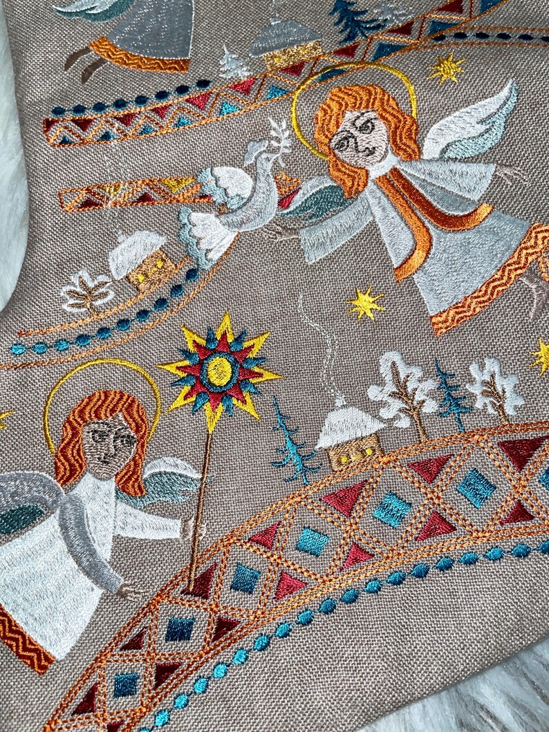 Embroidered Christmas stocking with angels folk nativity design, Fabric holiday stocking with traditional pattern, Festive home decor