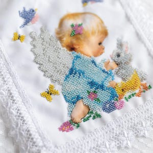 Beaded Angel Easter Basket Cover with Bunny and Birds, Handmade Cloth with Seed Bead Embroidery, Christian Holiday Blessing Decoration