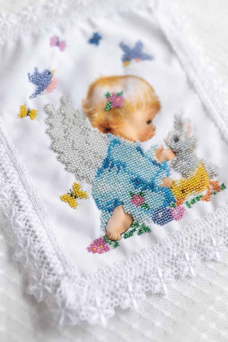 Beaded Angel Easter Basket Cover with Bunny and Birds, Handmade Cloth with Seed Bead Embroidery, Christian Holiday Blessing Decoration