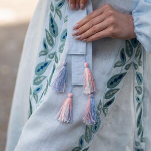 Light Blue Linen Embroidered Ukrainian Vyshyvanka Dress with Leaf Motifs, Tassel Belt and Front Slit – Boho Folk Midi with Balloon Sleeves