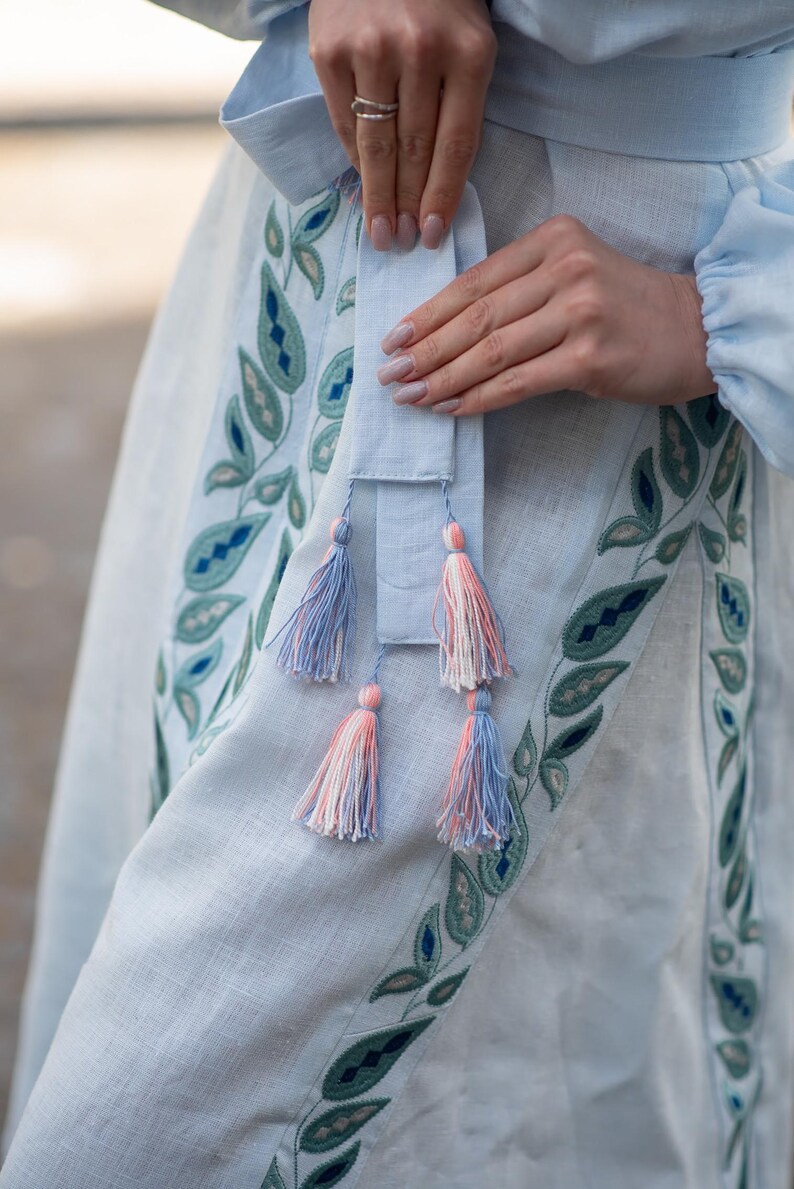 Light Blue Linen Embroidered Ukrainian Vyshyvanka Dress with Leaf Motifs, Tassel Belt and Front Slit – Boho Folk Midi with Balloon Sleeves
