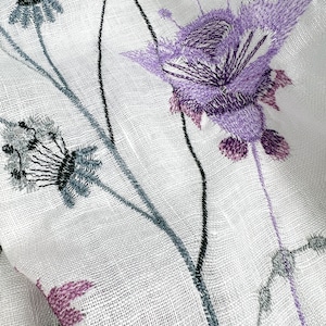 Light white linen scarf with wildflower embroidery for women
