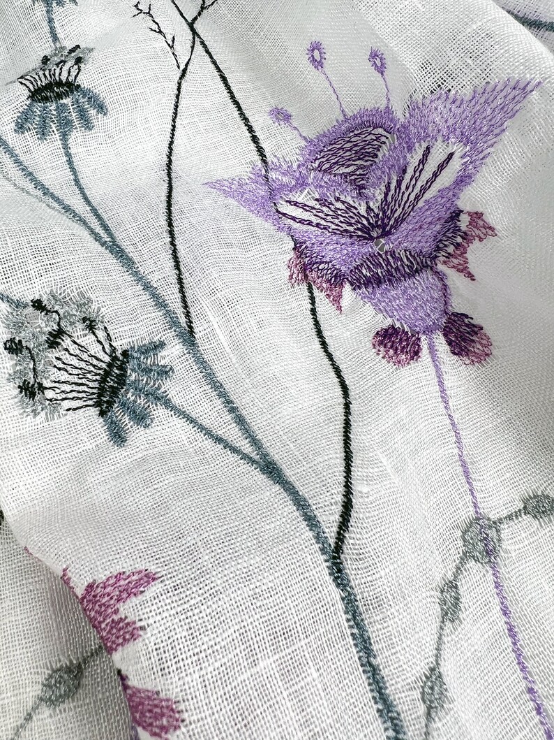 Light white linen scarf with wildflower embroidery for women