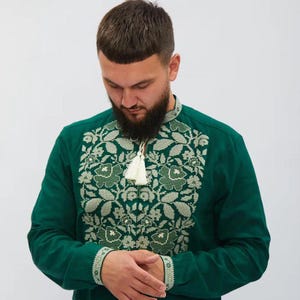Mens embroidered ukrainian shirt, green vyshyvanka, traditional folk shirt, long sleeve ethnic clothing, gift for him, ukrainian embroidery