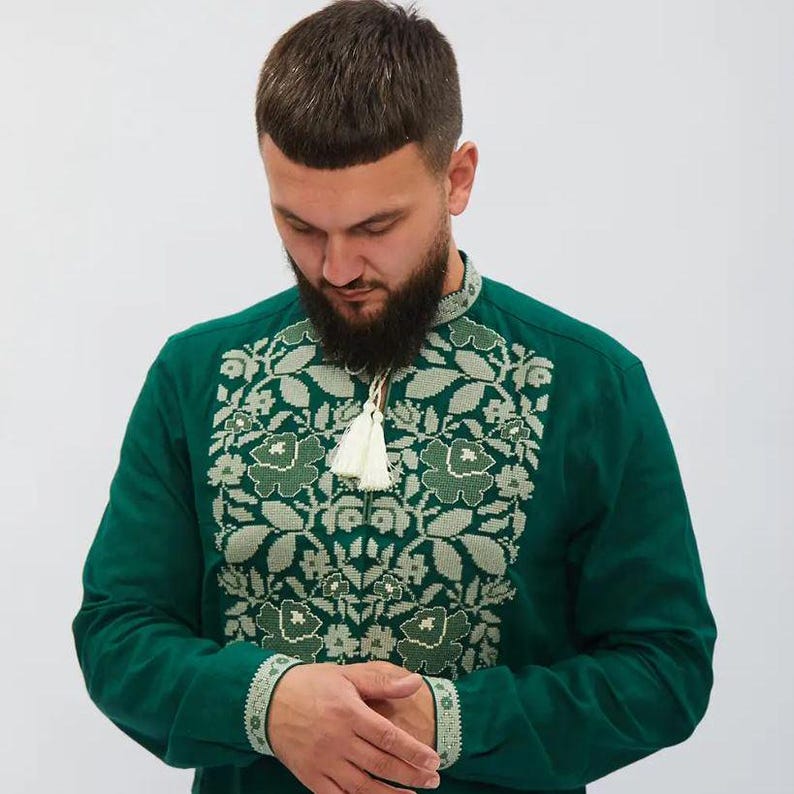 Mens embroidered ukrainian shirt, green vyshyvanka, traditional folk shirt, long sleeve ethnic clothing, gift for him, ukrainian embroidery