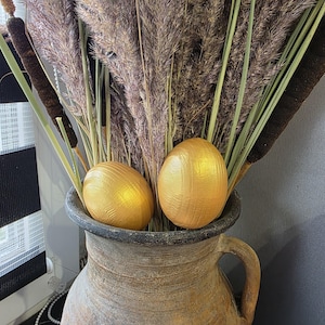 Hand painted gold decorative eggs, Handmade seasonal decor, Symbolic spring home accent, Modern rustic display