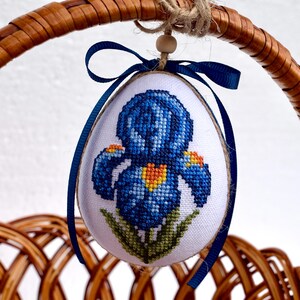 Blue Iris Cross Stitch Easter Egg Ornament with Ribbon – Fabric Spring Tree Hanging, Floral Embroidered Pysanka Home Décor Gift Keepsake