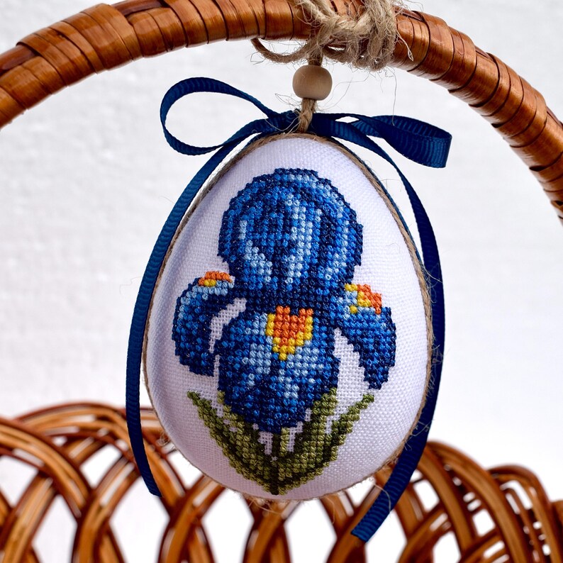 Blue Iris Cross Stitch Easter Egg Ornament with Ribbon – Fabric Spring Tree Hanging, Floral Embroidered Pysanka Home Décor Gift Keepsake