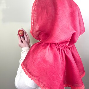 Red linen hooded scarf with lace trim, Lightweight head covering, Vintage inspired capelet