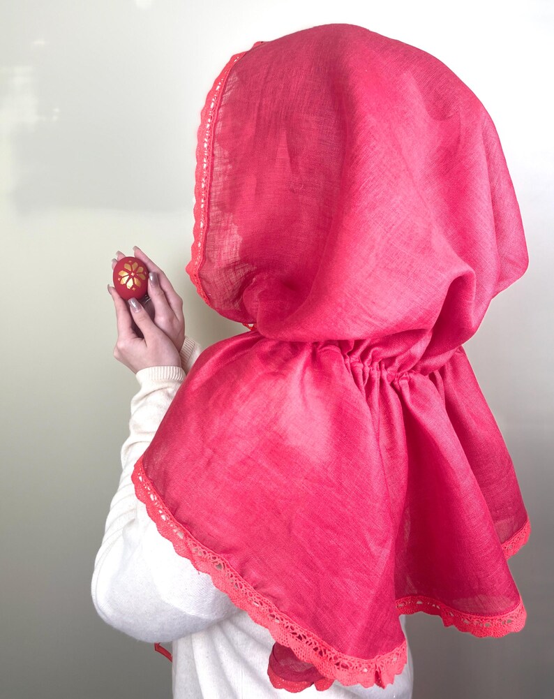 Red linen hooded scarf with lace trim, Lightweight head covering, Vintage inspired capelet