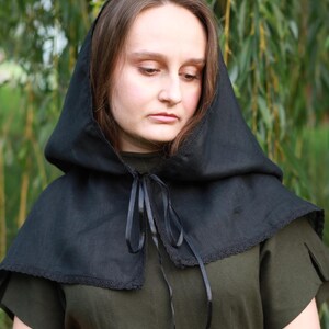 Victorian capelet black linen hooded lace trim shawl with ribbon tie, Modest church veil cowl, Gothic cloak style cover for weddings prayer