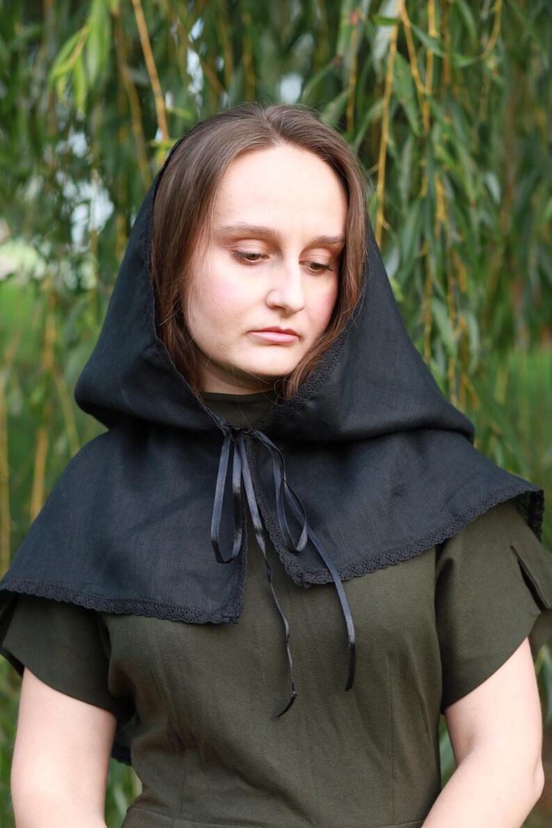 Victorian capelet black linen hooded lace trim shawl with ribbon tie, Modest church veil cowl, Gothic cloak style cover for weddings prayer