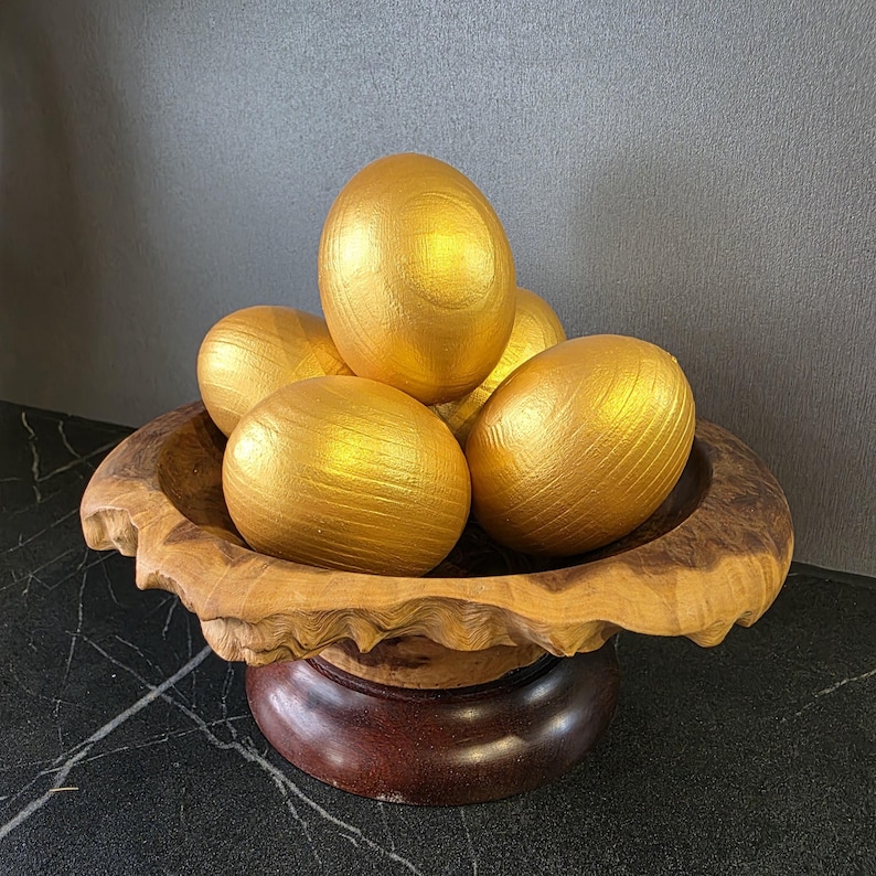 Hand painted gold decorative eggs, Handmade seasonal decor, Symbolic spring home accent, Modern rustic display