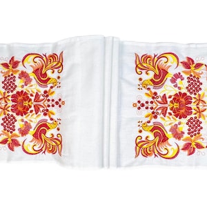Traditional Ukrainian Rushnyk, Embroidered Linen Ritual Towel with Folk Birds and Floral Motifs, Red Crochet Edge