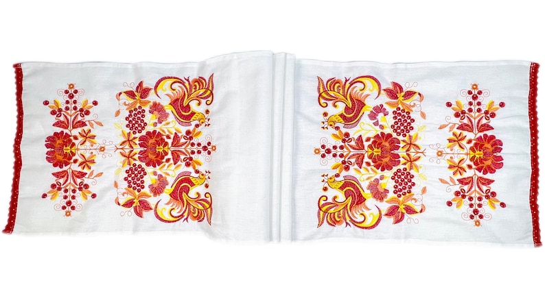 Traditional Ukrainian Rushnyk, Embroidered Linen Ritual Towel with Folk Birds and Floral Motifs, Red Crochet Edge
