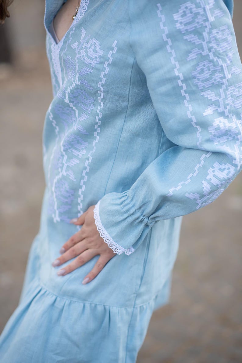 Light blue linen dress with white embroidery