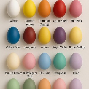 May include: Eighteen eggs with a matte finish, each in a different colour, from white to lilac. The colours are labelled, including "Lemon Yellow", "Sky Blue", and "Orchid Lavender". The text "Matte Egg Color" is displayed above the eggs.