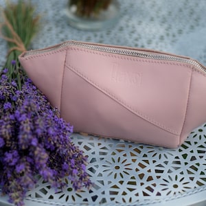 Handmade blush pink leather cosmetic bag