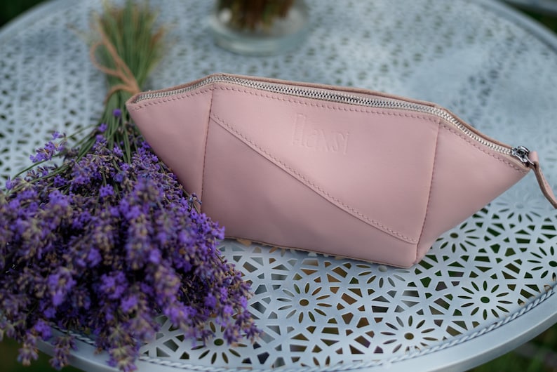 Handmade blush pink leather cosmetic bag
