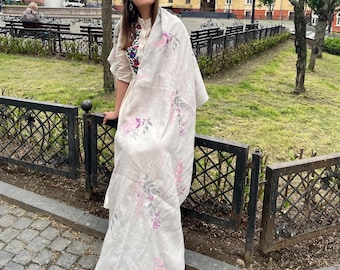 Handloom Gray Linen Saree with Pink Floral Print, Soft Lightweight Indian Sari for Women, Summer Ethnic Wear, Elegant Festive Outfit