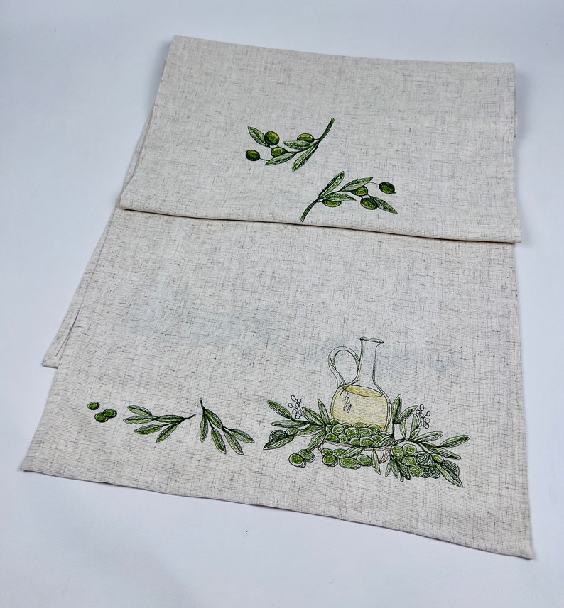 Olive Embroidered Runner, Linen Italian Rug, Vegetable Kitchen, Kitchen Tuscan Decor, Olive Branch Table Topper image 8
