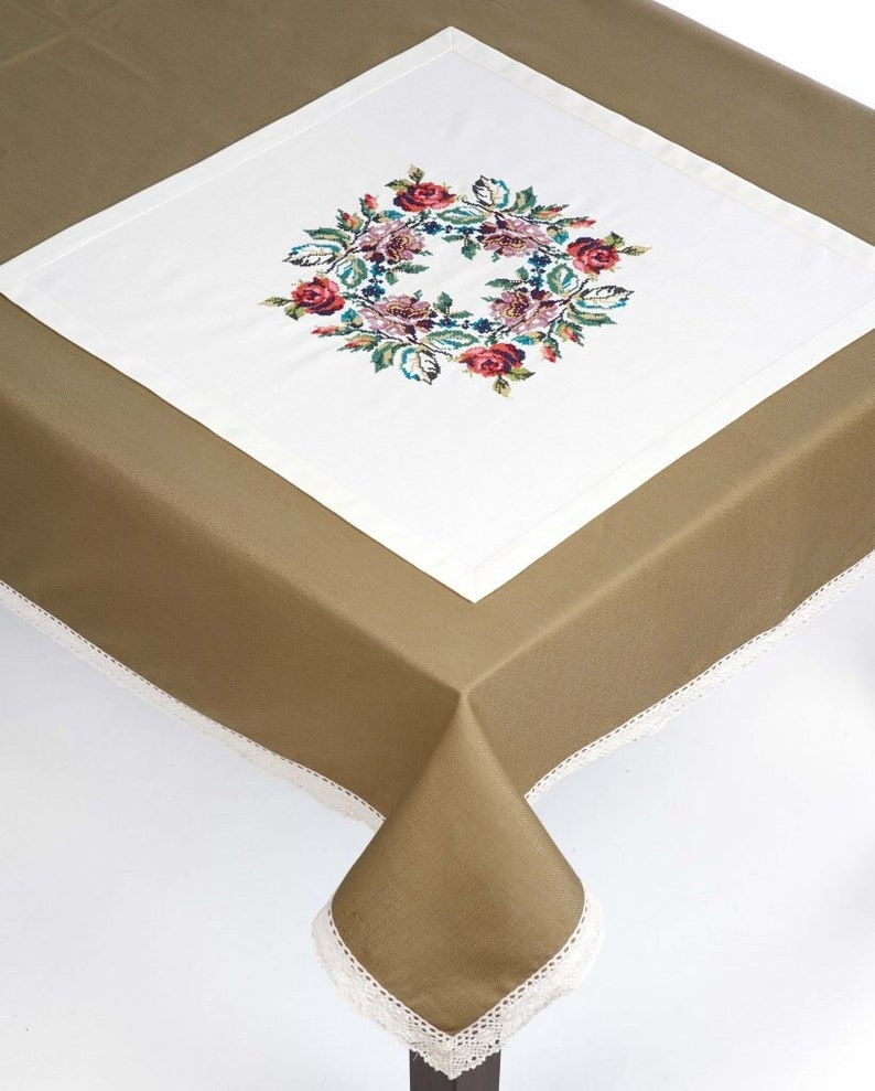 White Square Napkin with Floral Cross Stitch Wreath Center, Elegant Table Topper or Bread Cover, Farmhouse Cottagecore Decor for Tea Time