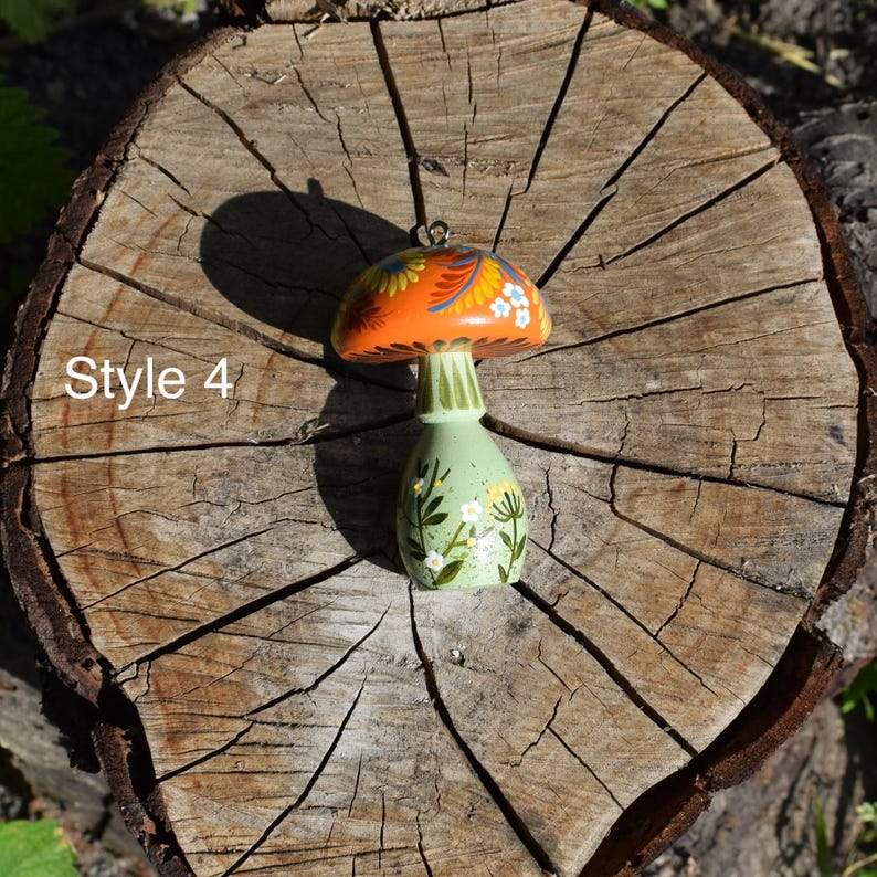 hand painted wooden mushroom ornament, Folk floral woodland decor, Hanging decorations, Gift boxes cottagecore forest accents