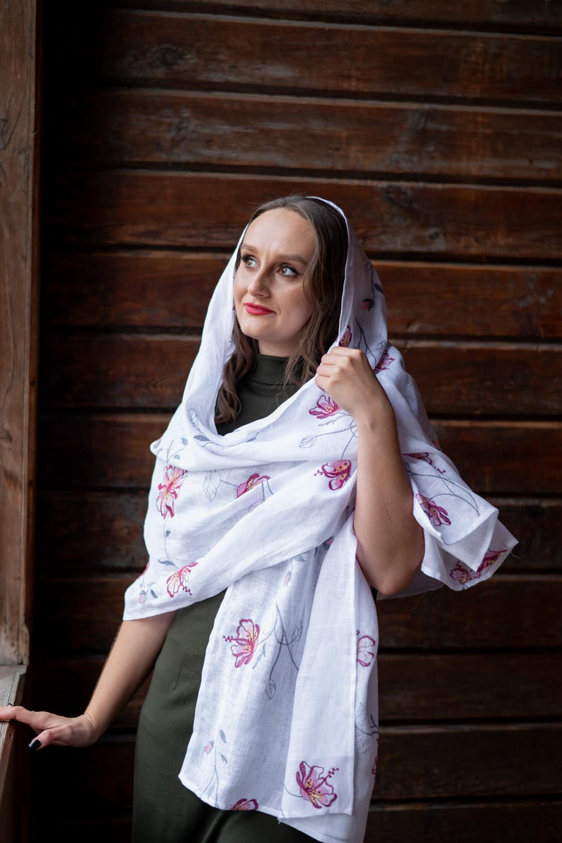 White linen scarf with pink floral embroidery