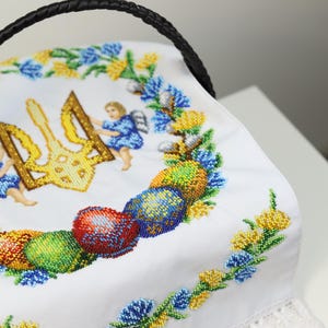 Ukrainian beaded Easter basket cover with trident & angels