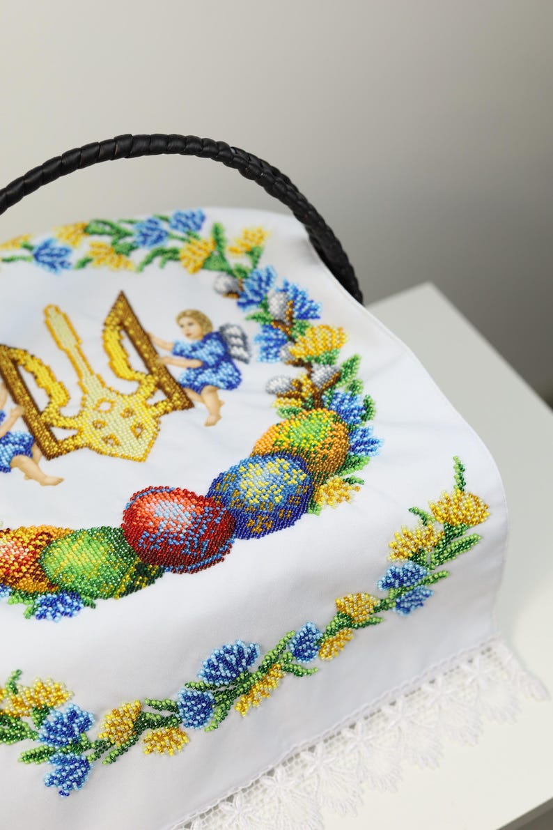 Ukrainian beaded Easter basket cover with trident & angels