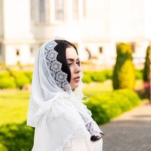 White hooded chapel veil with scalloped lace trim, Catholic prayer hood for mass and worship, Modest church head covering for women