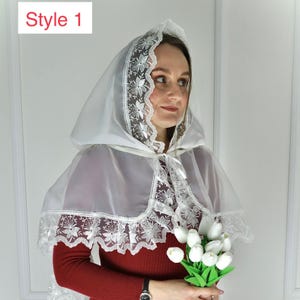 White lace chapel veil, Sheer embroidered head covering, Bridal lace mantilla, Church headscarf for women, Vintage style veil
