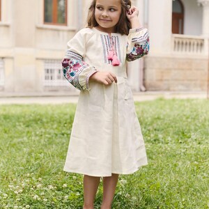 Girls Folk Inspired Embroidered Dress, Linen Children Dress with Floral Ornament, Symbolic Ethnic Style Outfit