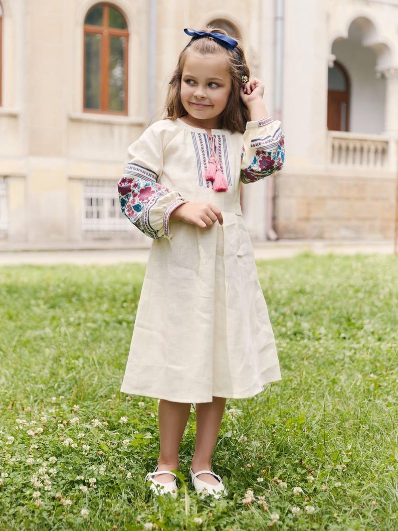 Girls Folk Inspired Embroidered Dress, Linen Children Dress with Floral Ornament, Symbolic Ethnic Style Outfit