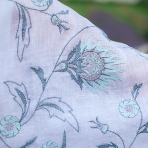 White Linen Shawl with Thistle Floral Embroidery, Lightweight Handmade Scarf, Botanical Wrap, Folk Style Linen Scarf for Women